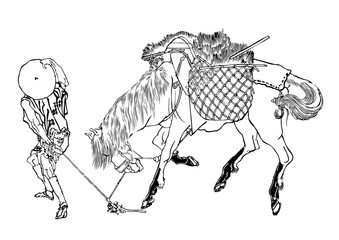 馬を引く男性　白黒