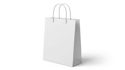 A simple, white paper shopping bag with rope handles stands upright against a plain white background, casting a soft shadow.