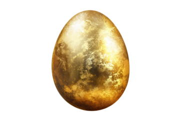 Glittering golden egg standing alone on transparent background showcasing its shiny surface and intricate texture, ideal for decoration or symbolism in various contexts