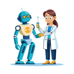 Female doctor repairing robot patient with screwdriver, futuristic healthcare technology, medical robotics, innovation, artificial intelligence treatment vector illustration