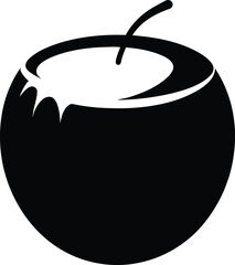 Black silhouette of a coconut with a straw isolated on white background