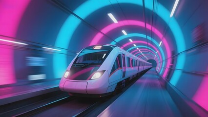 Obraz premium High-Speed Train Traveling Through a Vibrant Neon Tunnel