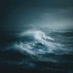 Obraz premium Dramatic ocean waves during a stormy night, coastal landscape, powerful nature