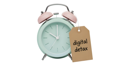 Pastel alarm clock with “digital detox” tag, isolated on white background