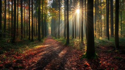 Obraz premium Sunlight bursting through dense forest canopy, autumn foliage covering the path ahead