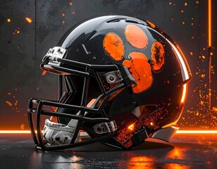A modern black football helmet with a bold orange paw print emblem, symbolizing fierce athletic power and team competition