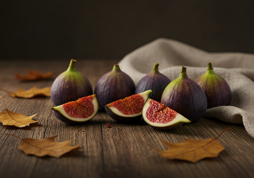 Fresh Figs on Wooden Table with Linen Napkin and Dried Autumn Leaves