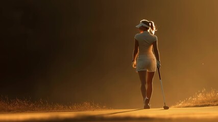 Female golfer walking along the course at sunset, holding a golf club in warm golden light. - Powered by Adobe