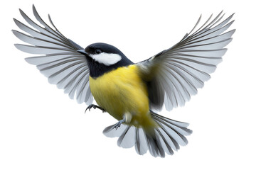 Naklejka premium Flying common great tit displaying its vibrant feathers against a clear backdrop in mid-flight showcasing its agility and beauty