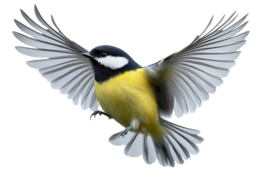 Flying common great tit displaying its vibrant feathers against a clear backdrop in mid-flight showcasing its agility and beauty