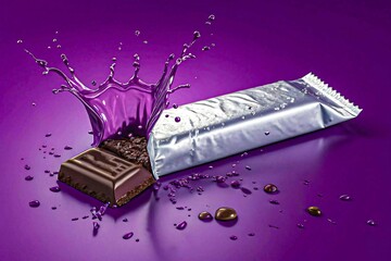 Delicious chocolate bar with a vibrant purple splash for a sweet treat advertisement or branding campaign
