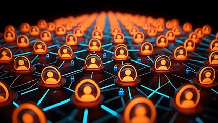 Abstract network of glowing orange user icons connected by blue lines with small locks