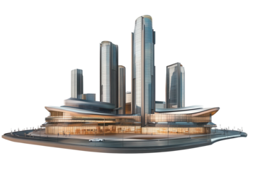 Futuristic city mall with high-rise architecture showcasing innovative designs and vibrant commercial spaces at dusk