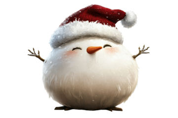 Cute snowman wearing a festive Christmas hat stands cheerfully with raised arms, ready to celebrate the holiday season in a winter wonderland