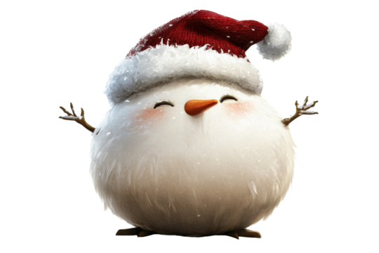 Cute snowman wearing a festive Christmas hat stands cheerfully with raised arms, ready to celebrate the holiday season in a winter wonderland
