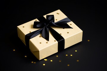 Elegant gold gift box with black ribbon and scattered gold stars on black background