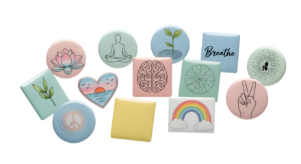 Pastel pins and badges for mindfulness and wellness, isolated on white background