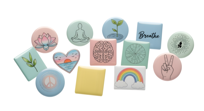 Pastel pins and badges for mindfulness and wellness, isolated on white background