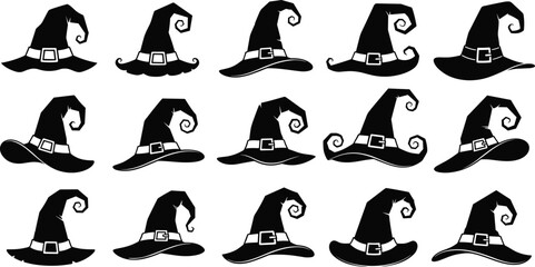 Set of witch hats vector collection, Halloween costume accessory, magical wizard hats, black silhouette icons, spooky themed clipart for decoration, print, or design use
