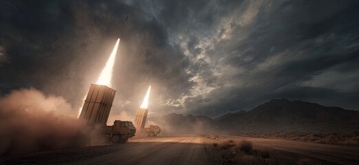 Two military missile launchers firing into the night sky, creating bright trails against dramatic clouds.