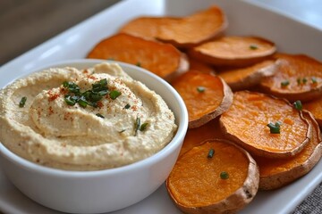 Creamy Hummus with Paprika and Chives Served with Sweet Potato Rounds