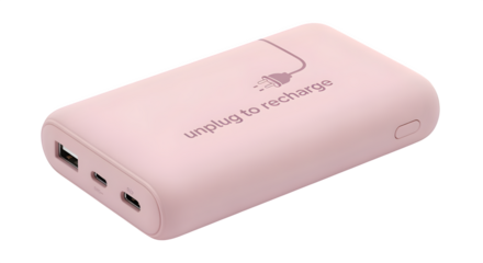 Pastel power bank with “unplug to recharge” label, isolated on white background