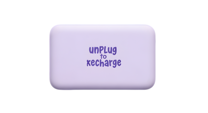 Pastel power bank with “unplug to recharge” label, isolated on white background