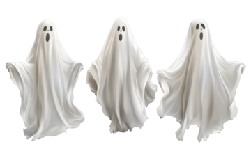 Ghost transparent elements for Halloween decorations, featuring three distinct spirited figures ready to enhance festive displays and themed events