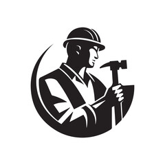 Illustration of a construction worker in silhouette holding a hammer with a circular design element around him