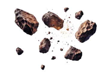 Flying asteroids drift through space while fragments burst apart in a cosmic display of dynamic energy and geological variety