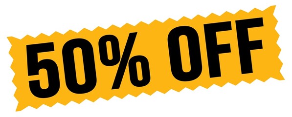 50% OFF text written on orange-black zig-zag stamp.