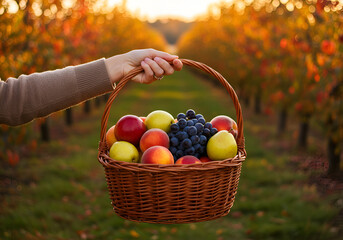 Hand Holding Basket of Fresh Autumn Fruits in Orchard Setting