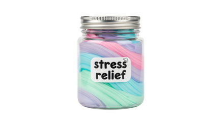 Pastel slime in jar labeled “stress relief,” isolated on white background