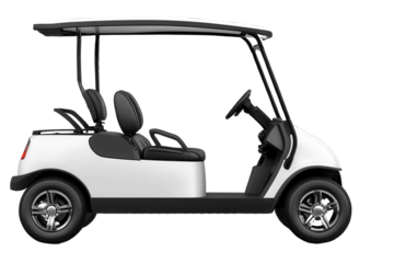 Stylish white golf cart parked with a sleek design, perfect for leisure activities on golf courses or resort grounds during sunny days