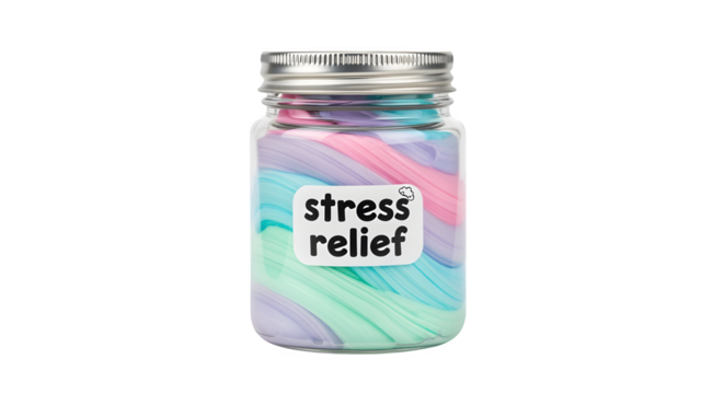 Pastel slime in jar labeled “stress relief,” isolated on white background