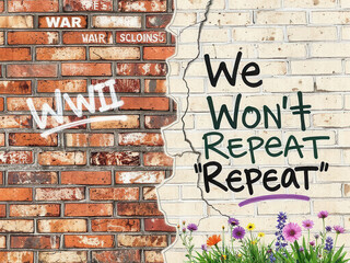 Message on wall about war and remembrance with flowers in foreground  