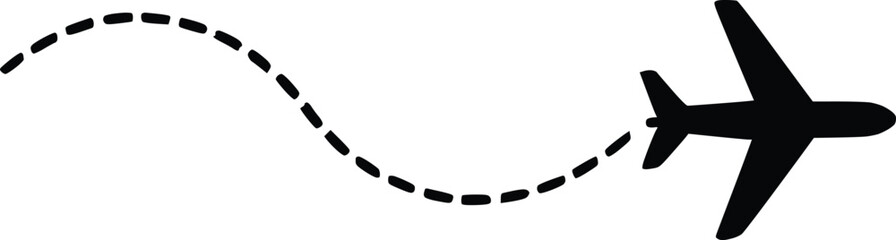 Black silhouette of airplane with curved dashed flight path on white background, symbolizing travel route, journey direction, and aviation concept. Concept of travel, navigation, aviation 