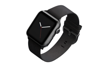 Wrist smart watch mockup with sleek black strap and minimalist design showing time in modern layout