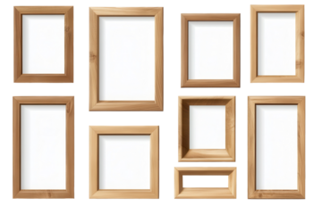Natural wooden photo frames arranged on a transparent background ready for displaying cherished memories or artwork in a stylish manner