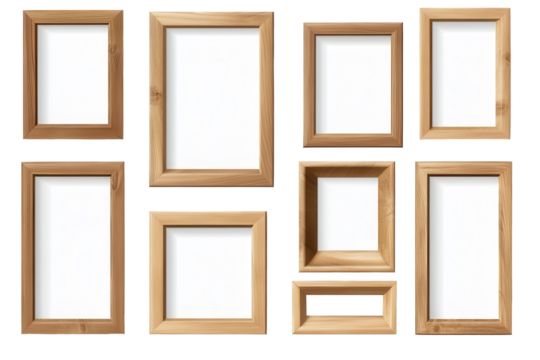 Natural wooden photo frames arranged on a transparent background ready for displaying cherished memories or artwork in a stylish manner