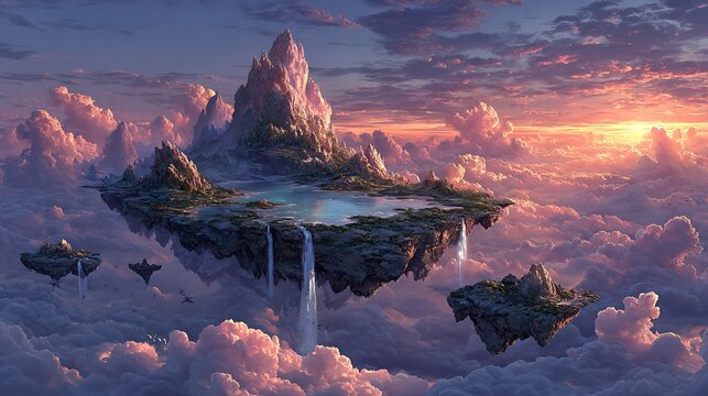 Majestic floating islands with waterfalls amidst a vibrant sunset sky