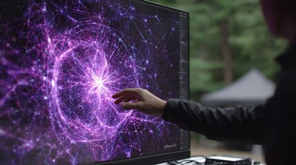 Interactive display showing a complex network of purple light, representing data analysis and scientific research