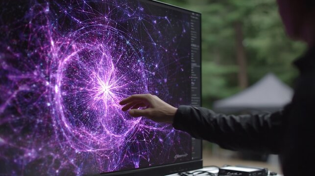 Interactive display showing a complex network of purple light, representing data analysis and scientific research