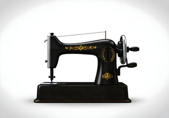 A vintage black sewing machine icon on a clean white background, bathed in soft studio lighting, casting subtle shadows to accentuate its form.