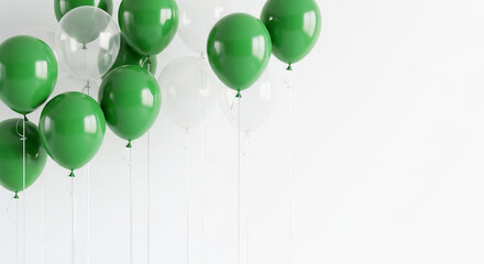A group of green and clear balloons floating against a white background in a bright setting