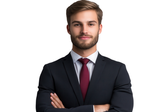 Businessman poses confidently in a suit with arms crossed, showcasing professionalism and self-assurance against a transparent background