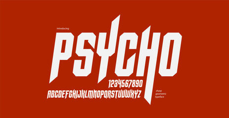 Sharp and bold gothic font for logo creation of for headlines, edgy geometric modern vector italic typeface, heavy metal and hard rock style alphabet with numbers.