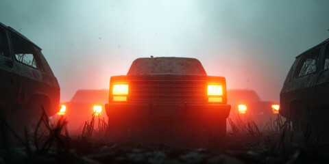  dramatic scene of vintage cars in a foggy setting, illuminated by eerie orange lights, creating a mysterious atmosphere.