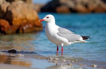 Obraz premium Seagull standing in shallow water near rocky shoreline on sunny day