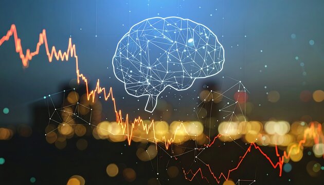 Digital brain with neural network connections overlaid on a declining financial chart and a city skyline at night. Artificial intelligence and data analysis concept.